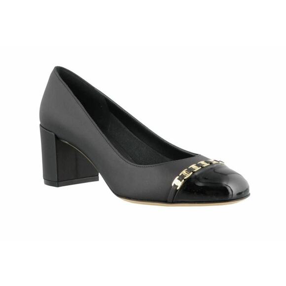 Salvatore Ferragamo Heels Vara Pim Chain Black Leather Patent Toe Gold 8.5AA 8.5 - Picture 1 of 10